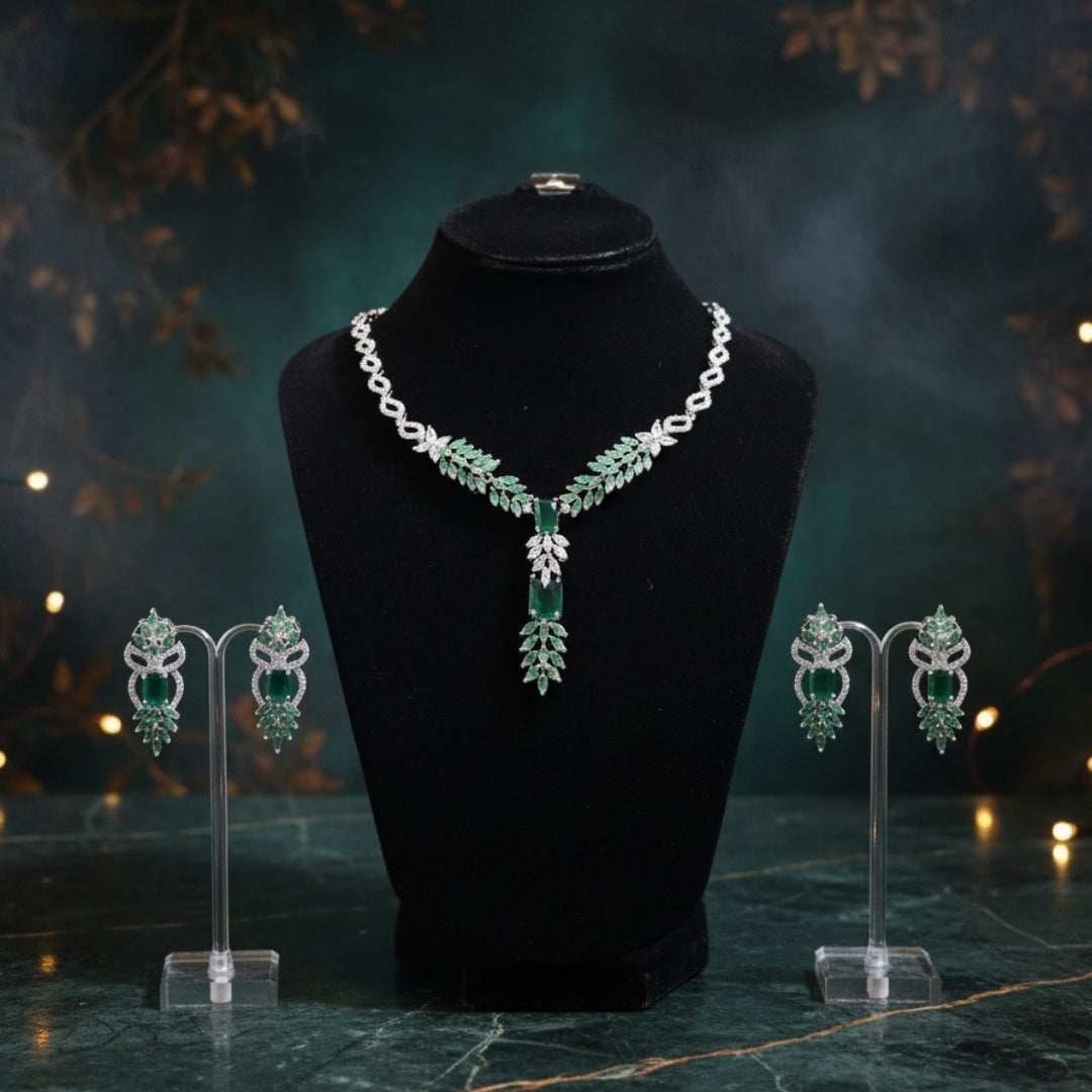 Luxurious Emerald Green Crystal Necklace Set - Royal Leaf Design Bridal Jewelry with 5-Year Warranty