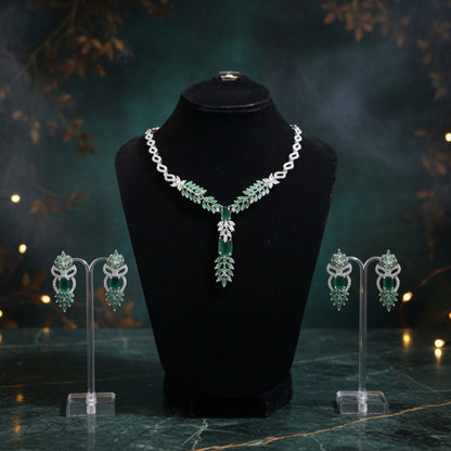 Luxurious Emerald Green Crystal Necklace Set - Royal Leaf Design Bridal Jewelry with 5-Year Warranty