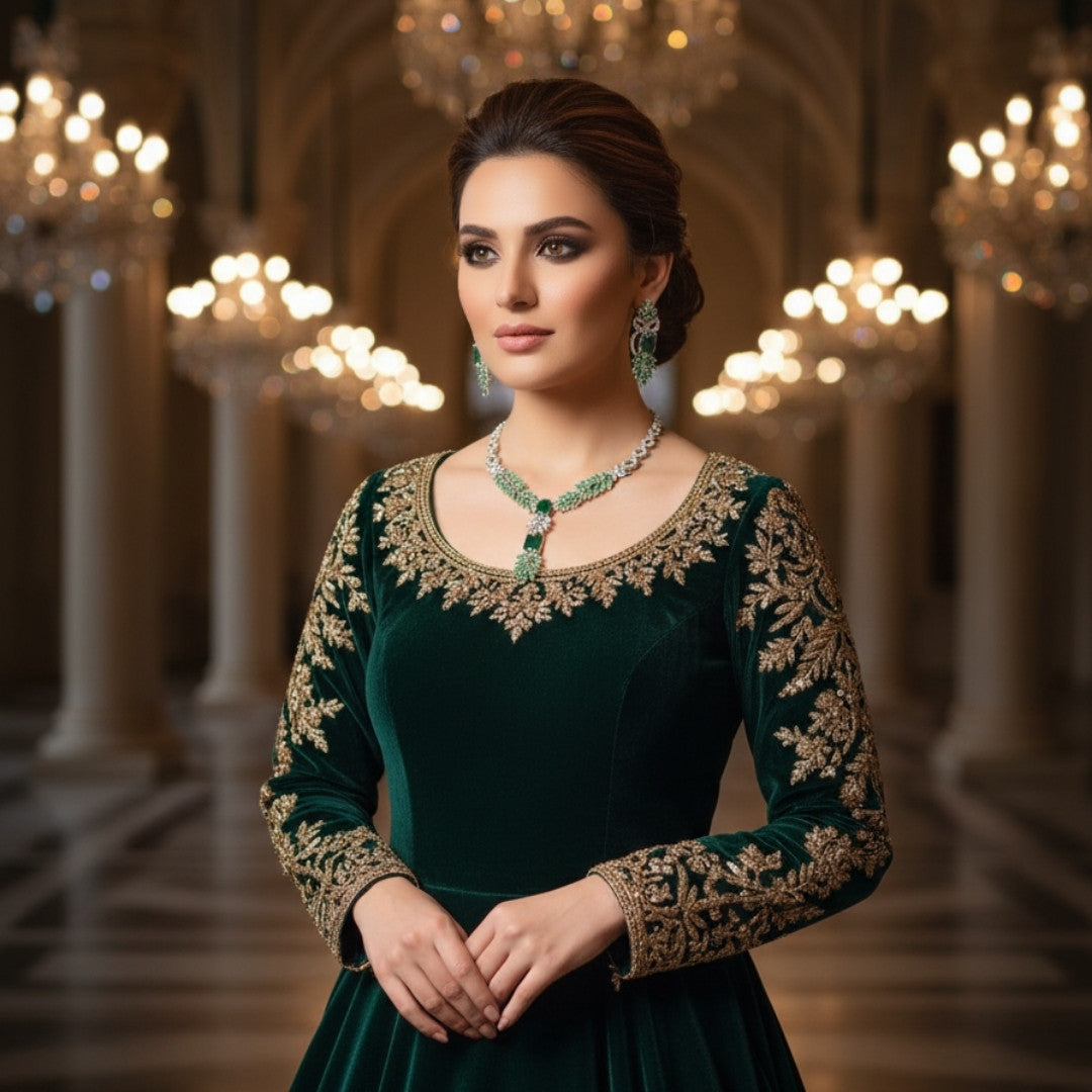 Luxurious Emerald Green Crystal Necklace Set - Royal Leaf Design Bridal Jewelry with 5-Year Warranty