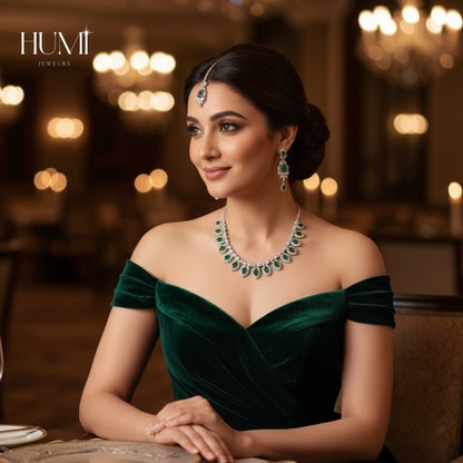Luxury Emerald Green Bridal Jewelry Set – Necklace, Earrings & Tikka | 5-Year Guarantee