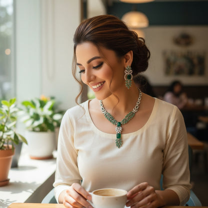 Luxurious Emerald Green Crystal Necklace Set - Royal Leaf Design Bridal Jewelry with 5-Year Warranty